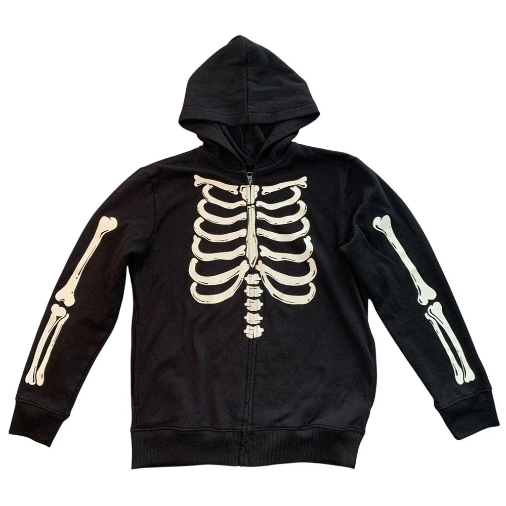 The Childrens Place Black Skeleton Full Zip Up Hoodie Jacket Lg 10/12 Unisex Fun